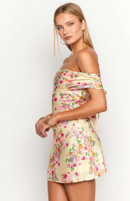 Primrose Yellow Bloom Off the Shoulder Mini Dress-Vavasi.All Rights Reserved.