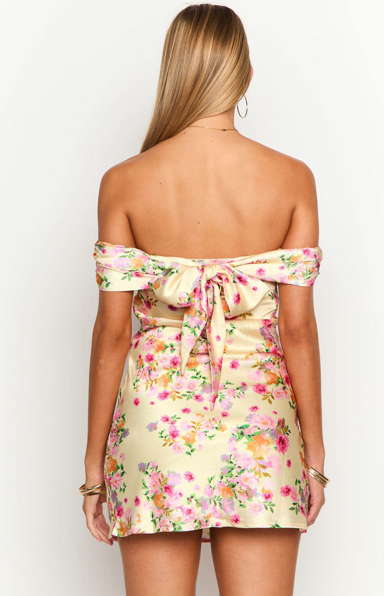 Primrose Yellow Bloom Off the Shoulder Mini Dress-Vavasi.All Rights Reserved.