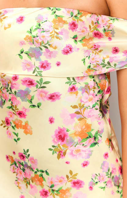 Primrose Yellow Bloom Off the Shoulder Mini Dress-Vavasi.All Rights Reserved.