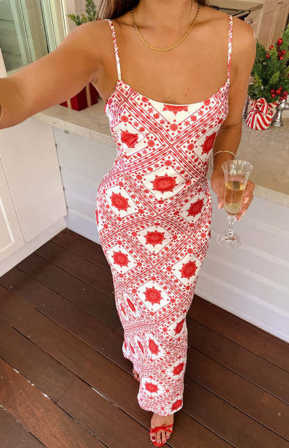 Renesmee Red Tile Print Maxi Dress-Vavasi.All Rights Reserved.