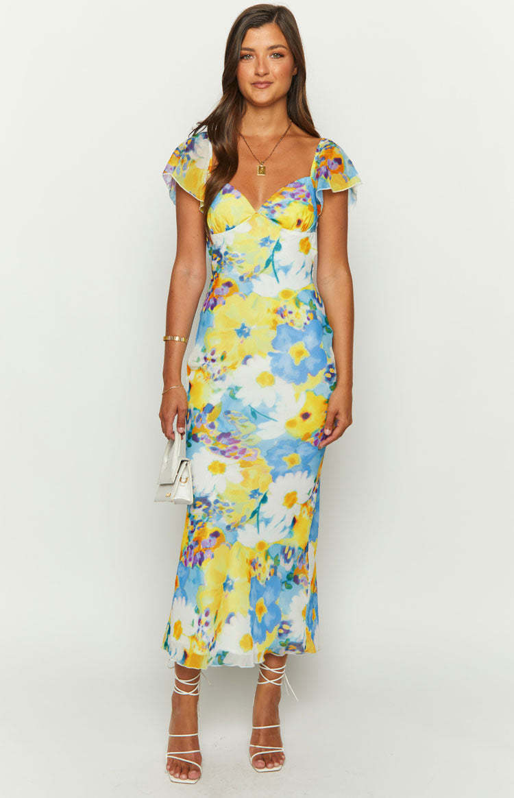 Raymi Blue Floral Chiffon Maxi Dress-Vavasi.All Rights Reserved.