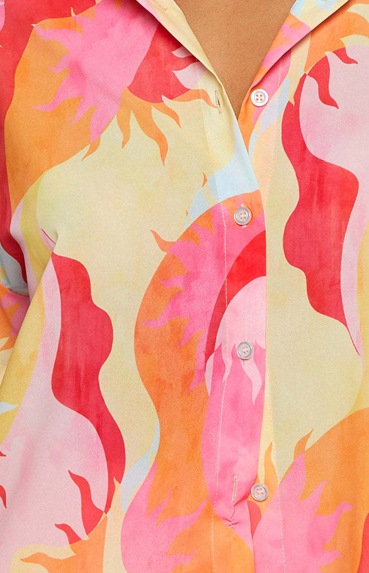 Rays Pink Sun Print Short Sleeve Button Up Shirt-Vavasi.All Rights Reserved.