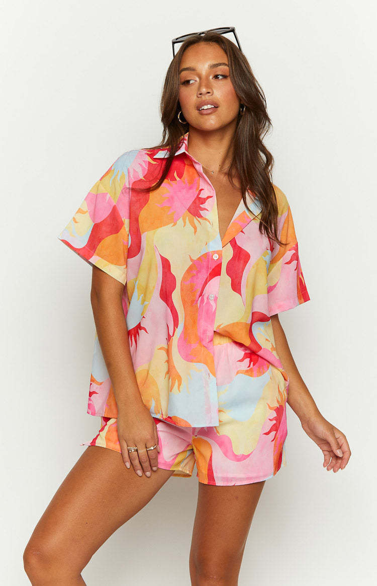 Rays Pink Sun Print Short Sleeve Button Up Shirt-Vavasi.All Rights Reserved.