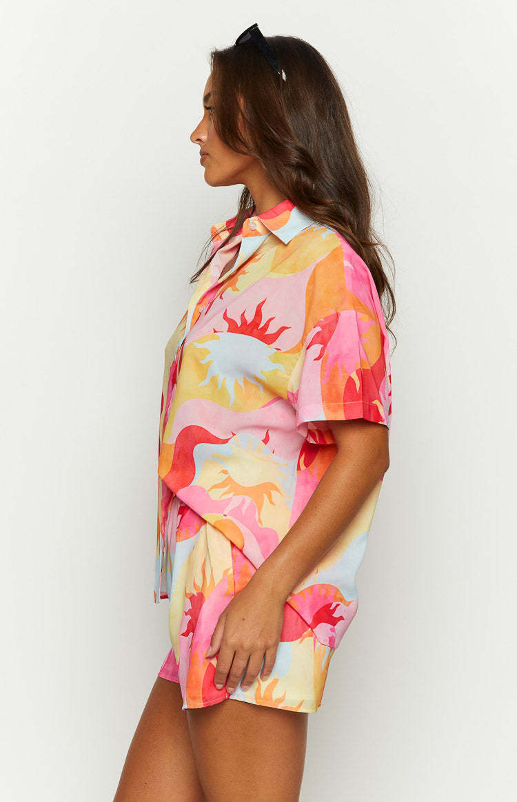 Rays Pink Sun Print Short Sleeve Button Up Shirt-Vavasi.All Rights Reserved.