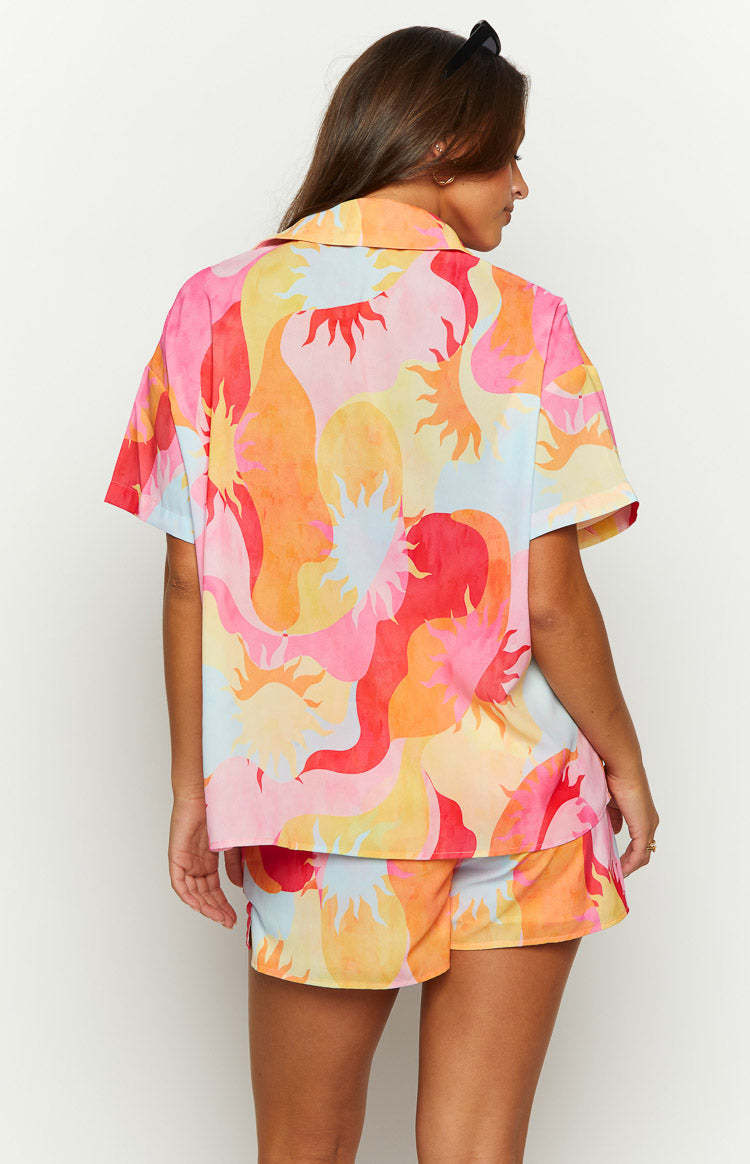 Rays Pink Sun Print Short Sleeve Button Up Shirt-Vavasi.All Rights Reserved.