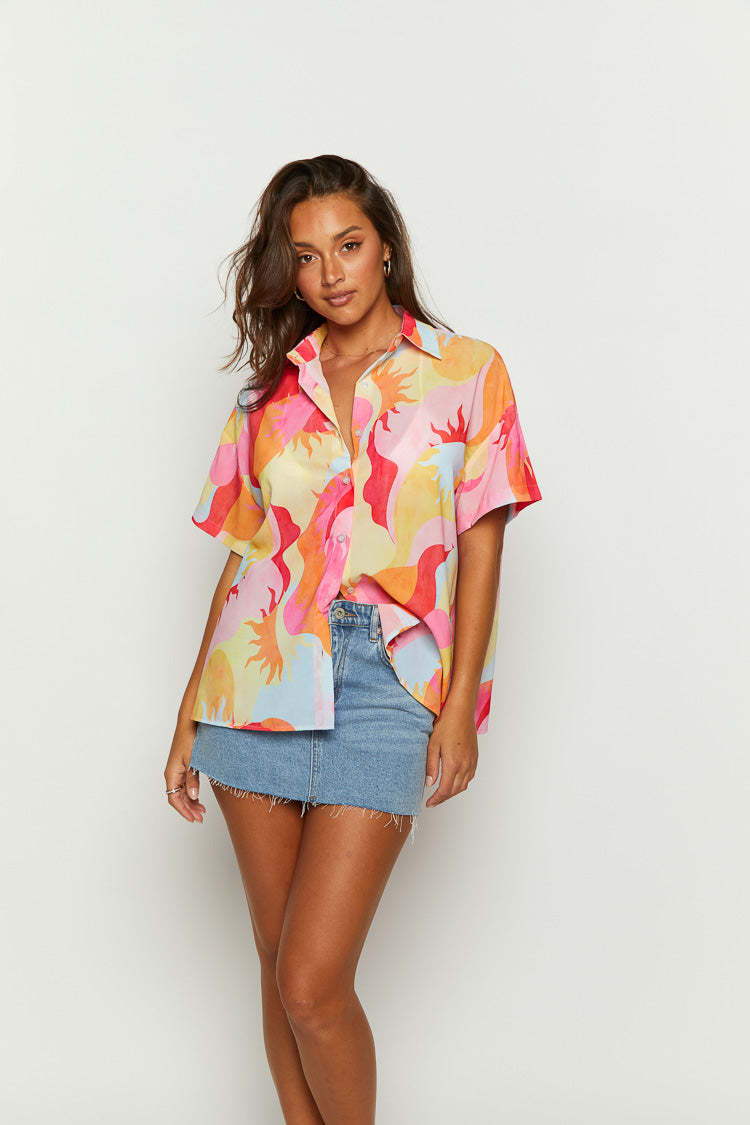 Rays Pink Sun Print Short Sleeve Button Up Shirt-Vavasi.All Rights Reserved.