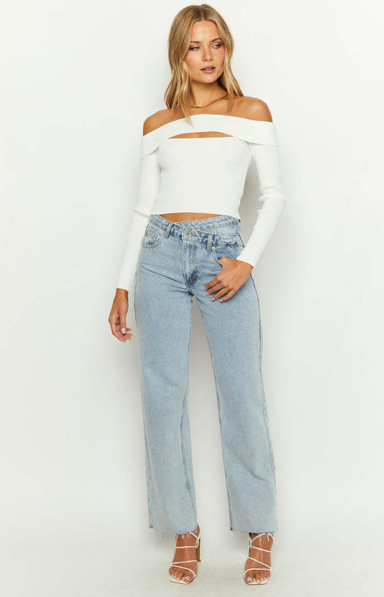 Ren White Rib Knit Long Sleeve Top-Vavasi.All Rights Reserved.