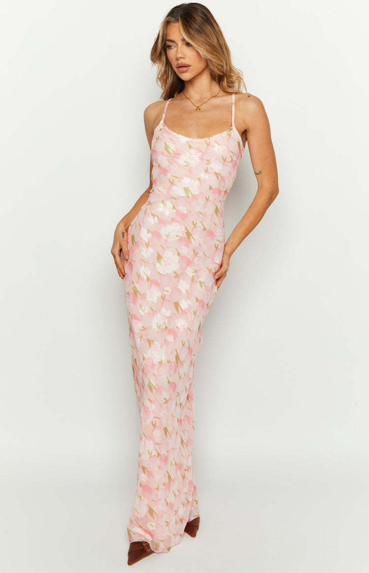 Renesmee Pink Floral Chiffon Maxi Dress-Vavasi.All Rights Reserved.
