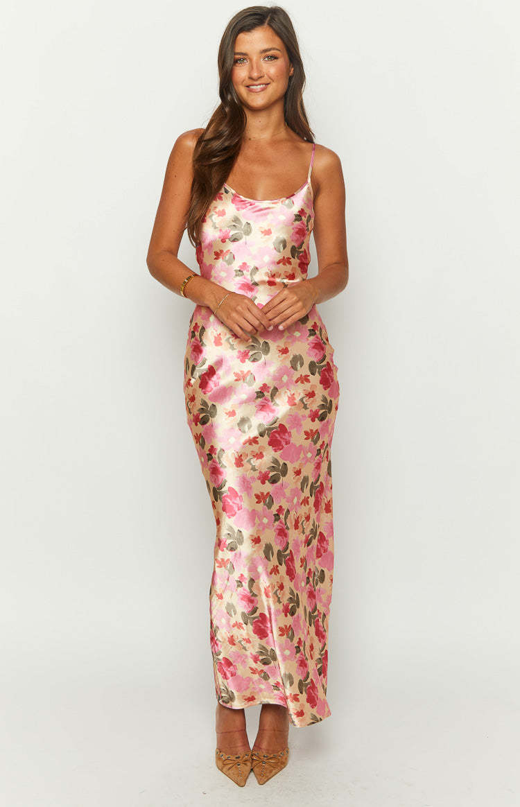 Renesmee Yellow Floral Print Satin Maxi Dress-Vavasi.All Rights Reserved.