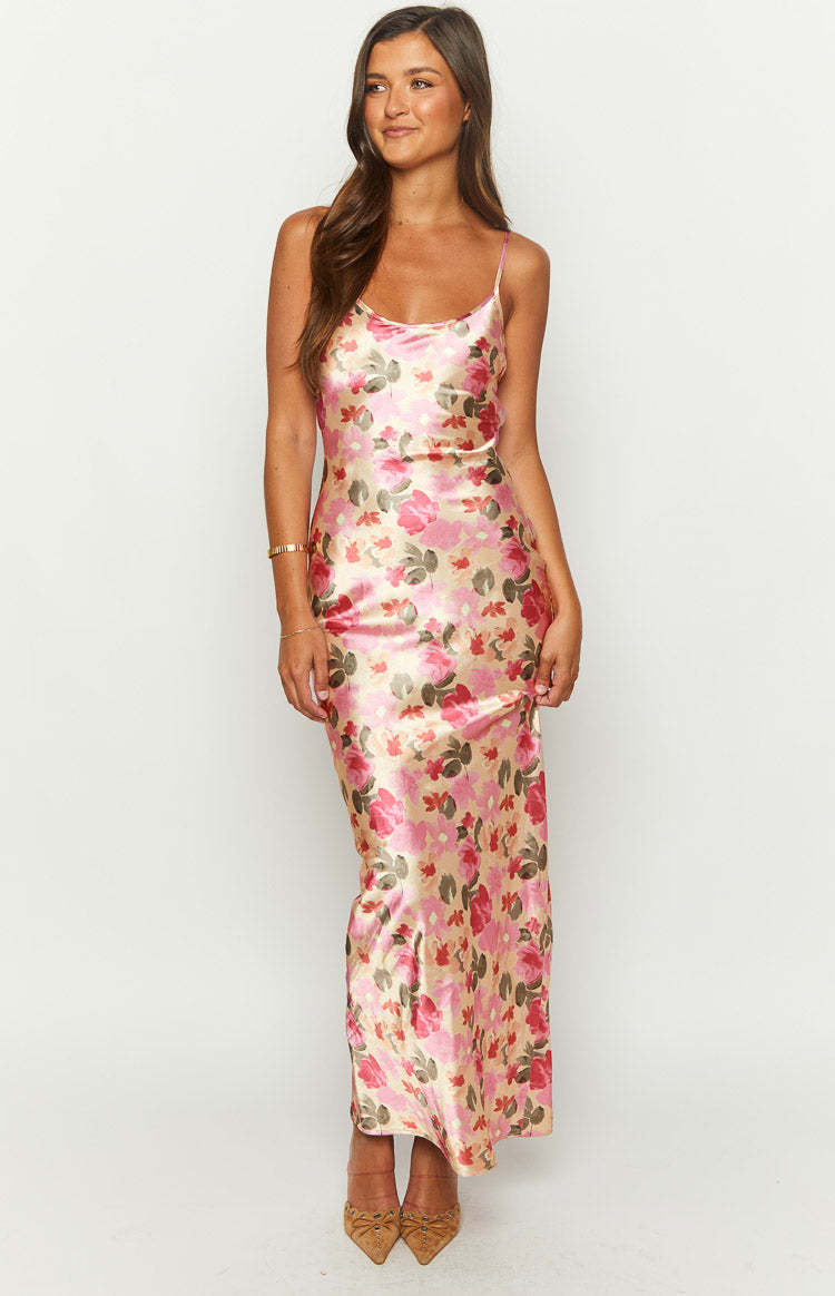 Renesmee Yellow Floral Print Satin Maxi Dress-Vavasi.All Rights Reserved.