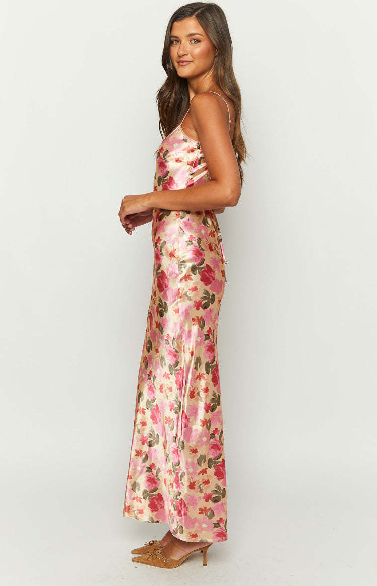 Renesmee Yellow Floral Print Satin Maxi Dress-Vavasi.All Rights Reserved.
