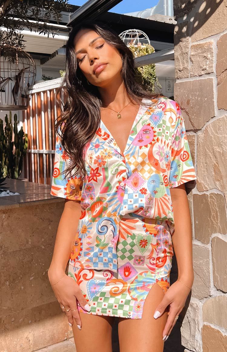 Resort Summer Print Satin Mini Skirt-Vavasi.All Rights Reserved.