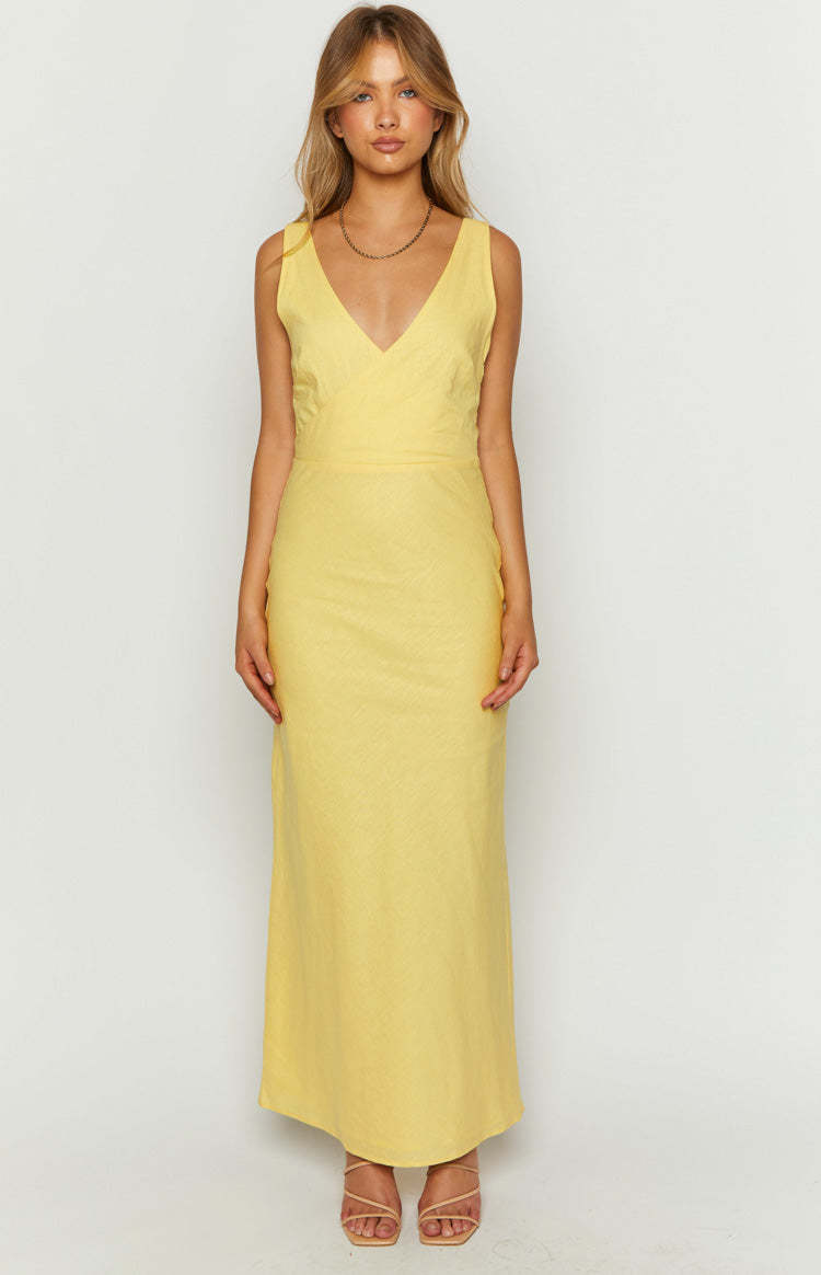 Resorts Yellow Linen Blend Maxi Dress-Vavasi.All Rights Reserved.