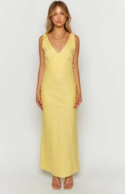 Resorts Yellow Linen Blend Maxi Dress-Vavasi.All Rights Reserved.