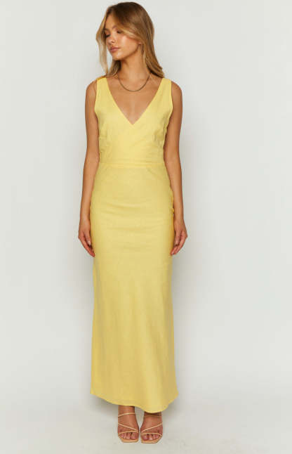 Resorts Yellow Linen Blend Maxi Dress-Vavasi.All Rights Reserved.