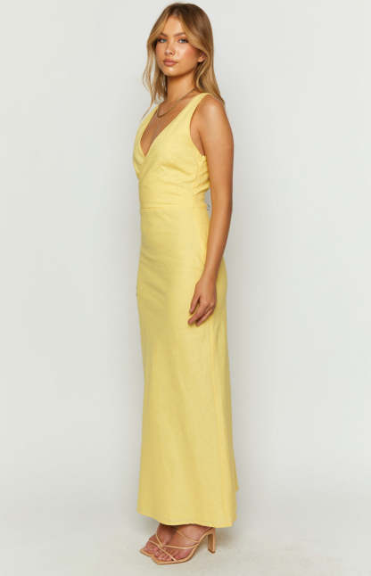 Resorts Yellow Linen Blend Maxi Dress-Vavasi.All Rights Reserved.