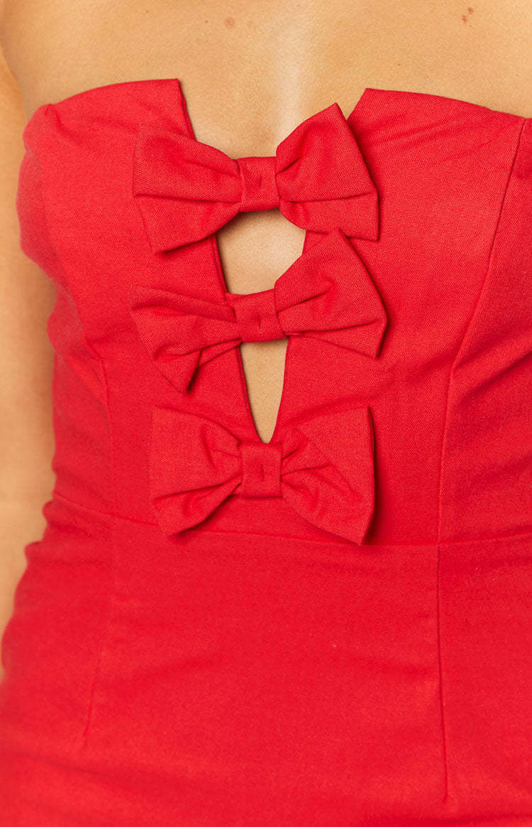 Ribbon Radiance Red Strapless Mini Dress-Vavasi.All Rights Reserved.