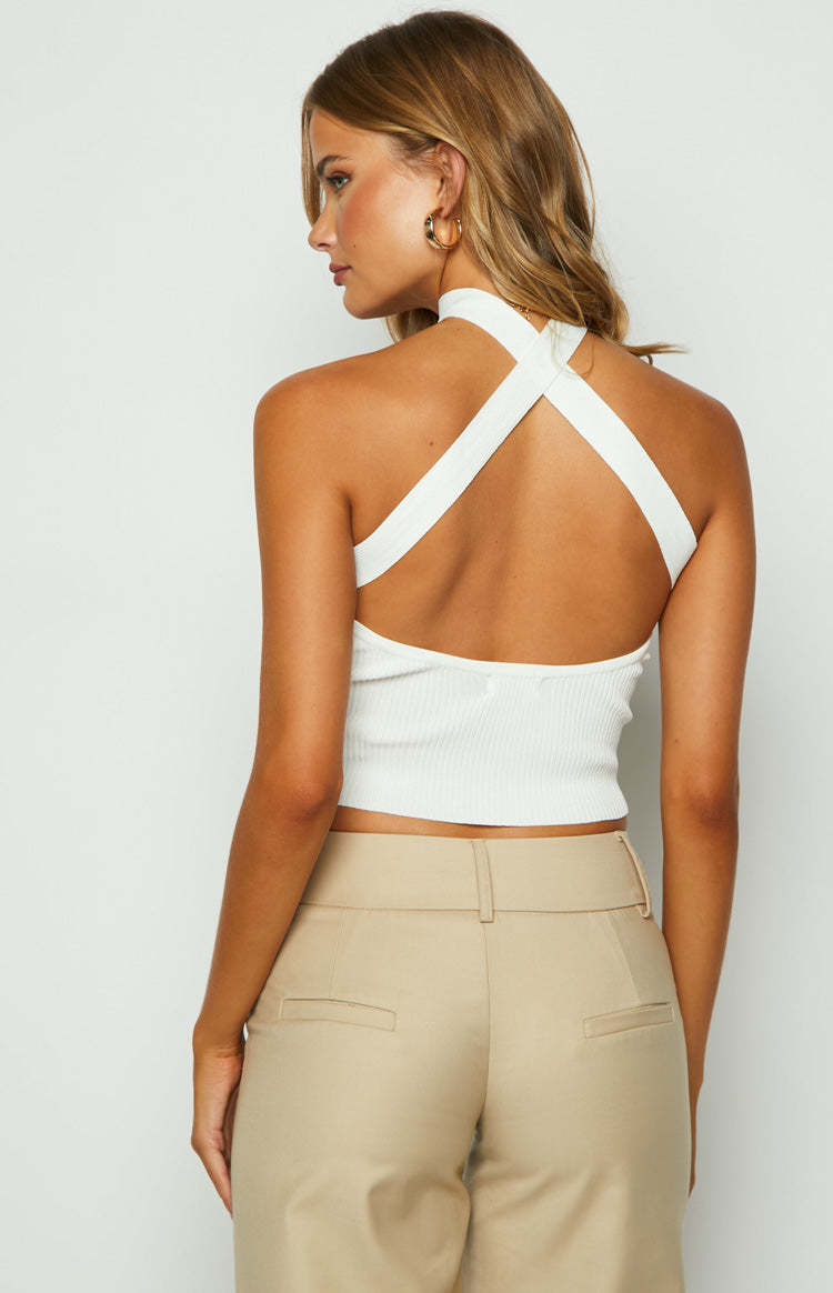 Rinna White Knit Halter Top-Vavasi.All Rights Reserved.
