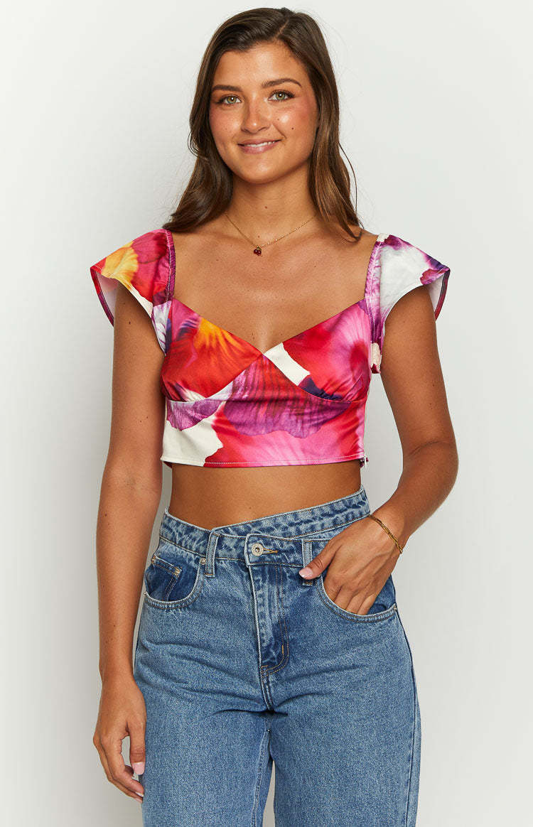 Romantic Rose Pink Floral Print Crop Top-Vavasi.All Rights Reserved.
