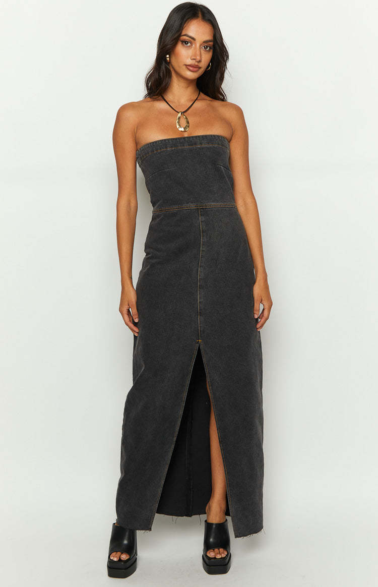 Romey Black Denim Strapless Maxi Dress-Vavasi.All Rights Reserved.