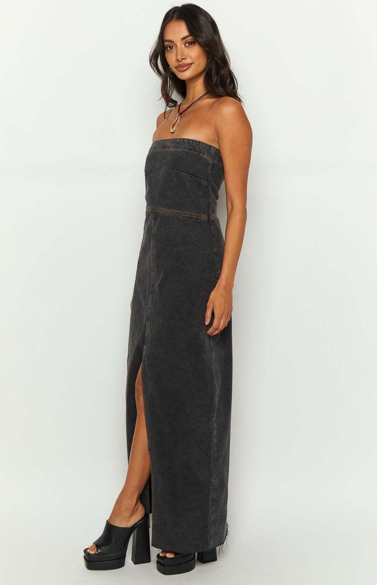 Romey Black Denim Strapless Maxi Dress-Vavasi.All Rights Reserved.