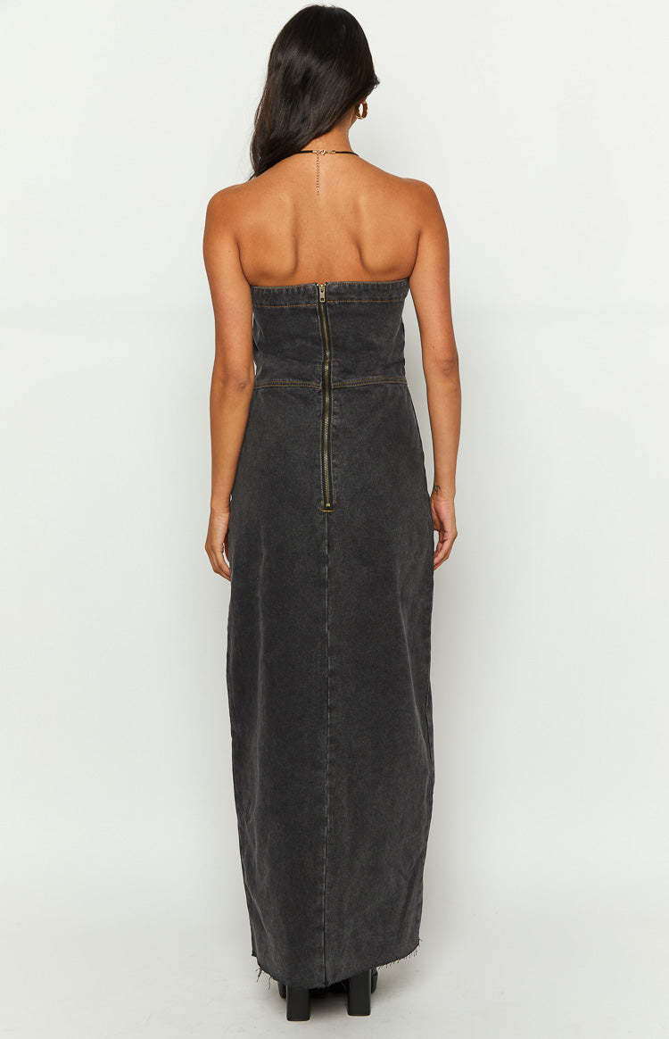 Romey Black Denim Strapless Maxi Dress-Vavasi.All Rights Reserved.