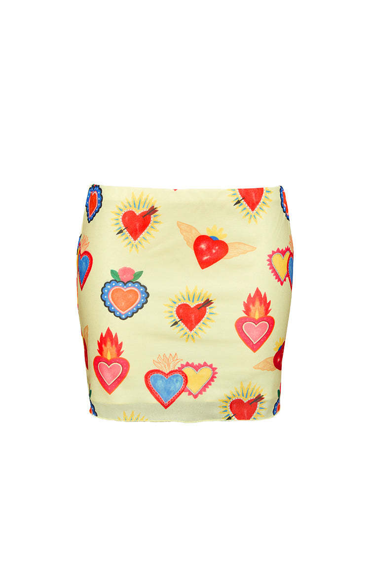Rosaline Yellow Heart Printed Mesh Mini Skirt-Vavasi.All Rights Reserved.