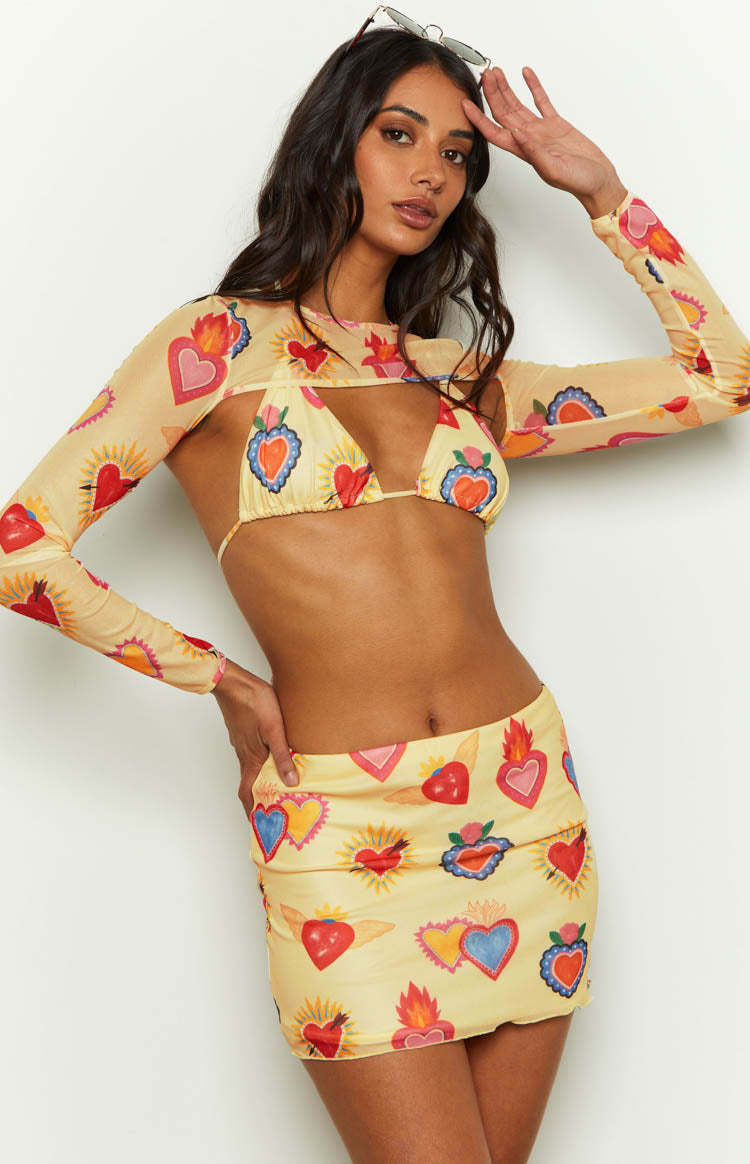 Rosaline Yellow Heart Printed Mesh Mini Skirt-Vavasi.All Rights Reserved.