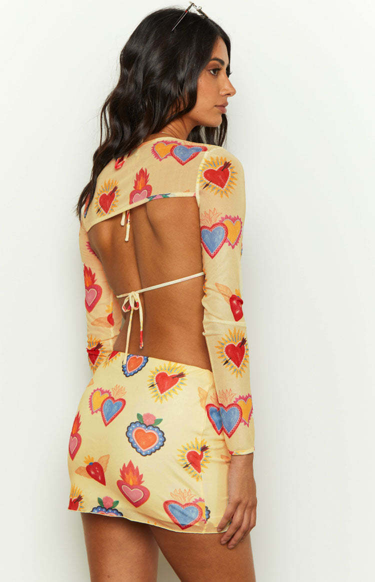Rosaline Yellow Heart Printed Mesh Mini Skirt-Vavasi.All Rights Reserved.