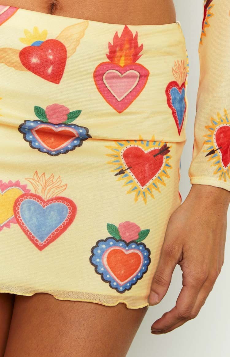 Rosaline Yellow Heart Printed Mesh Mini Skirt-Vavasi.All Rights Reserved.