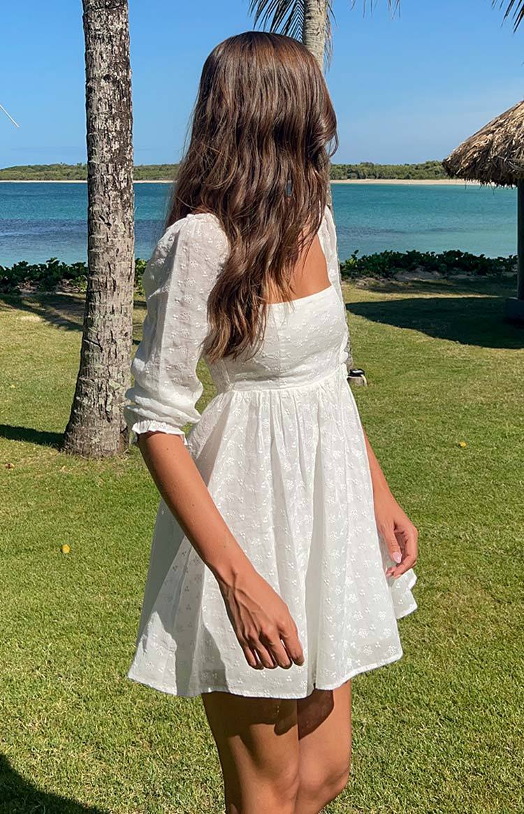 Rubi White Long Sleeve Broderie Mini Dress-Vavasi.All Rights Reserved.