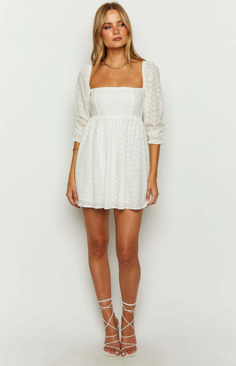 Rubi White Long Sleeve Broderie Mini Dress-Vavasi.All Rights Reserved.