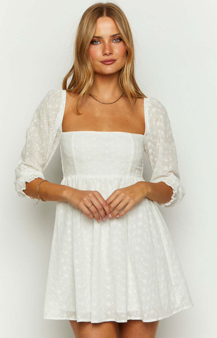 Rubi White Long Sleeve Broderie Mini Dress-Vavasi.All Rights Reserved.
