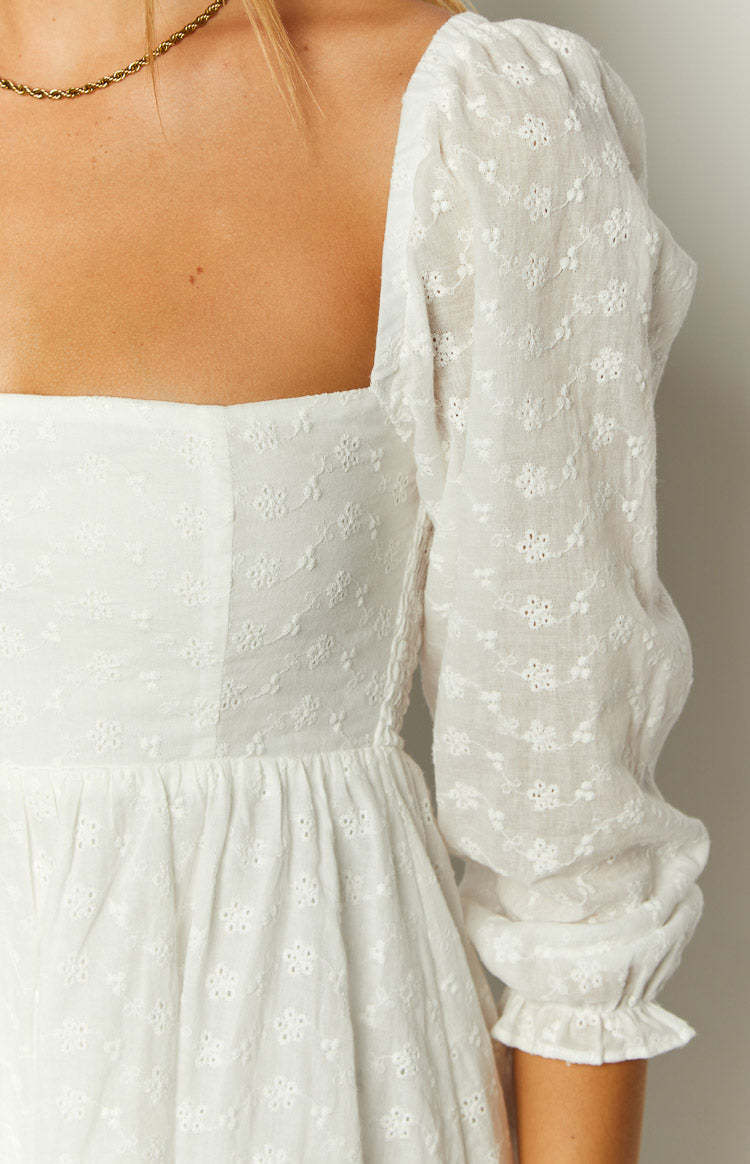 Rubi White Long Sleeve Broderie Mini Dress-Vavasi.All Rights Reserved.