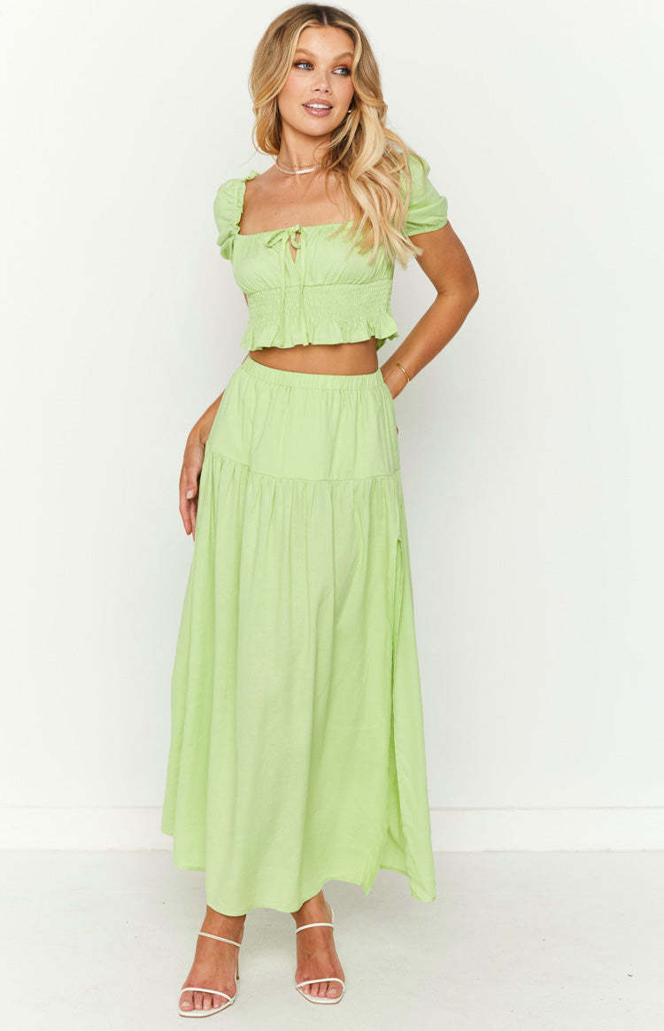 Ruthie Green Linen Blend Tiered Maxi Skirt-Vavasi.All Rights Reserved.