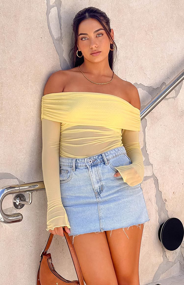 Sky Yellow Mesh Off Shoulder Top-Vavasi.All Rights Reserved.