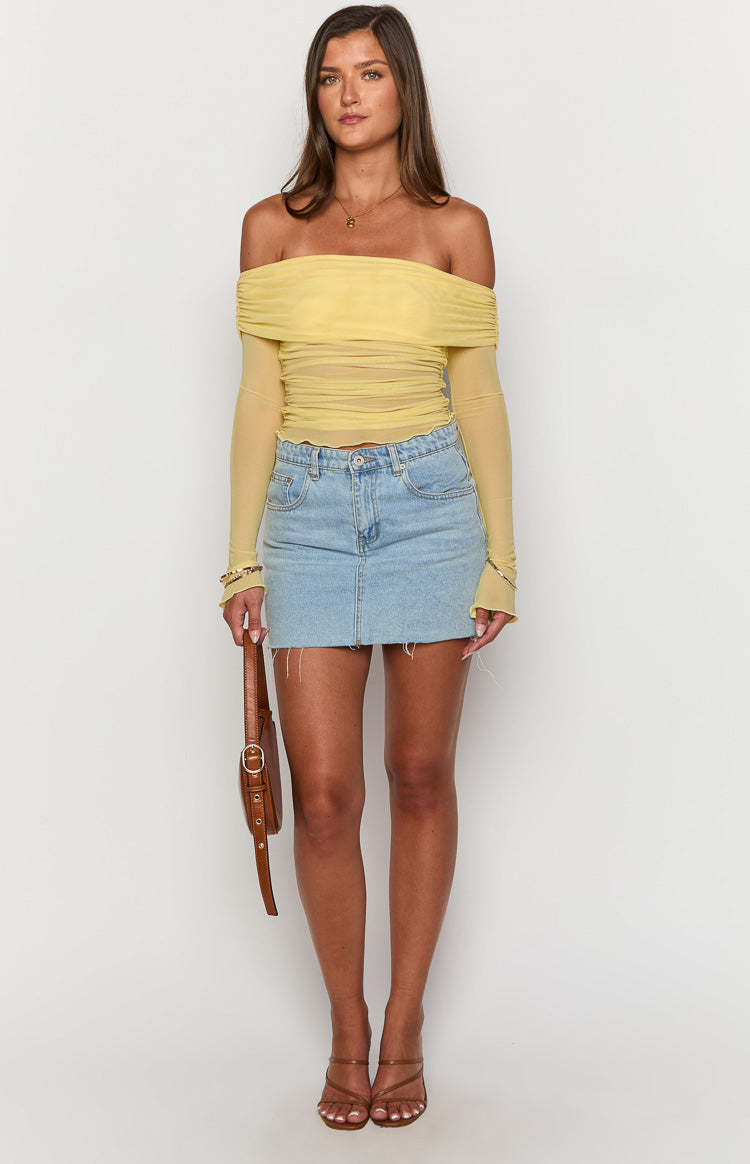 Sky Yellow Mesh Off Shoulder Top-Vavasi.All Rights Reserved.