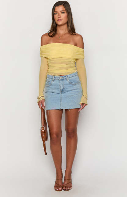 Sky Yellow Mesh Off Shoulder Top-Vavasi.All Rights Reserved.