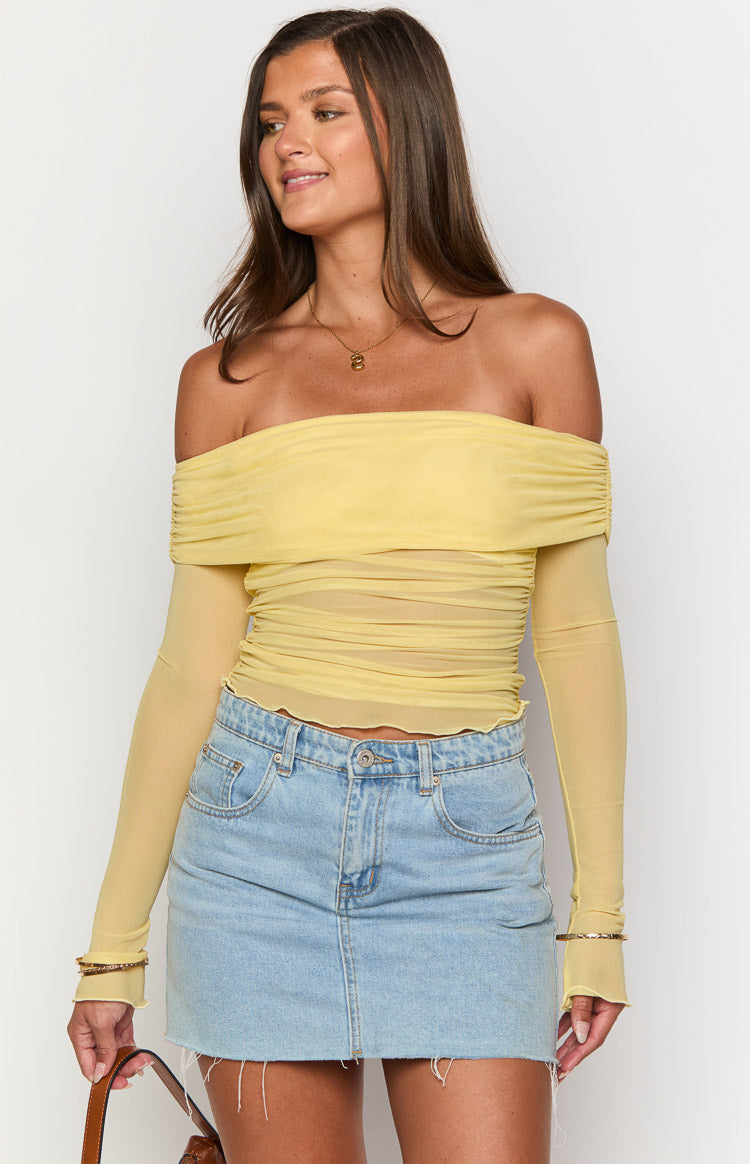 Sky Yellow Mesh Off Shoulder Top-Vavasi.All Rights Reserved.