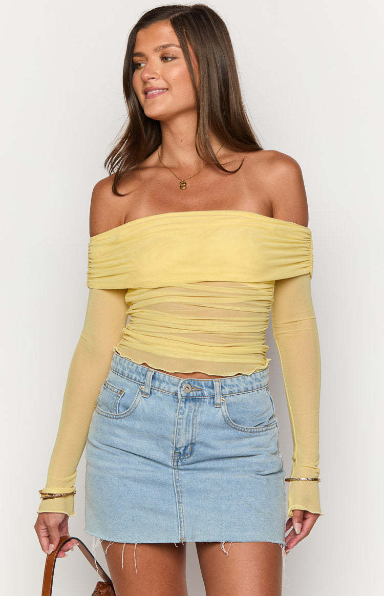 Sky Yellow Mesh Off Shoulder Top-Vavasi.All Rights Reserved.