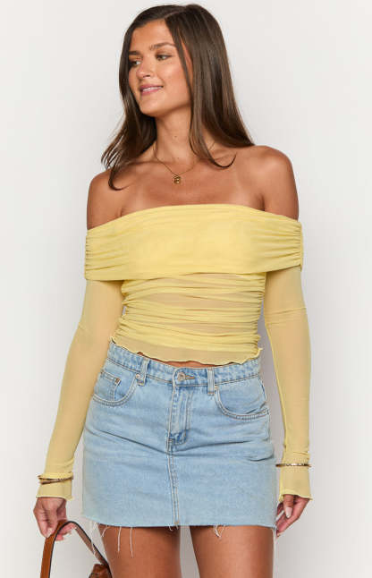 Sky Yellow Mesh Off Shoulder Top-Vavasi.All Rights Reserved.