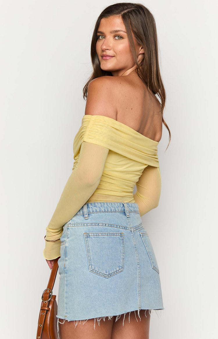 Sky Yellow Mesh Off Shoulder Top-Vavasi.All Rights Reserved.