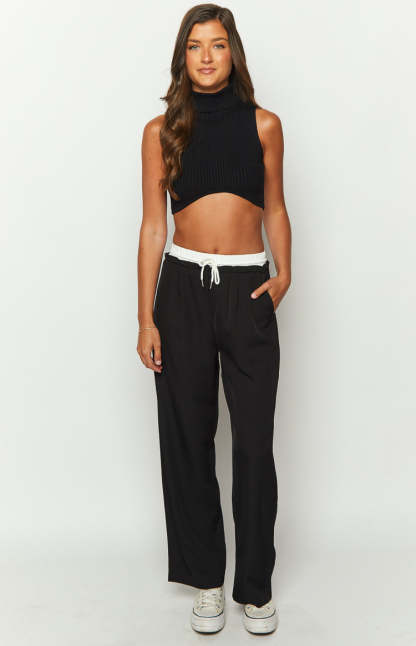 Sable Black Contrast Waistband Pants-Vavasi.All Rights Reserved.