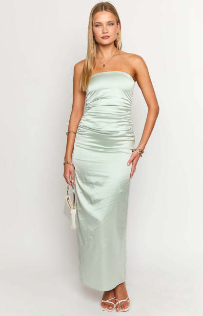 Sage Bloom Satin Strapless Maxi Dress-Vavasi.All Rights Reserved.