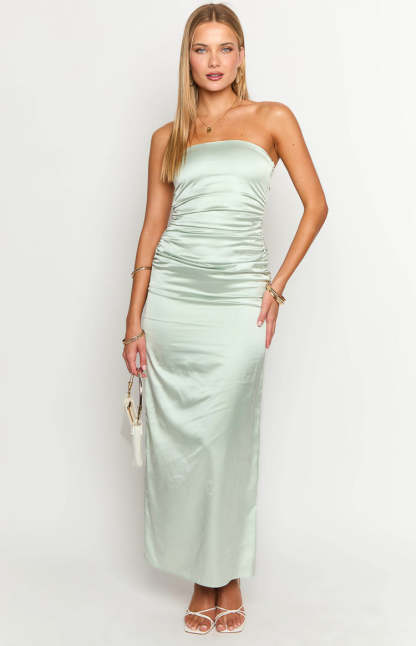 Sage Bloom Satin Strapless Maxi Dress-Vavasi.All Rights Reserved.