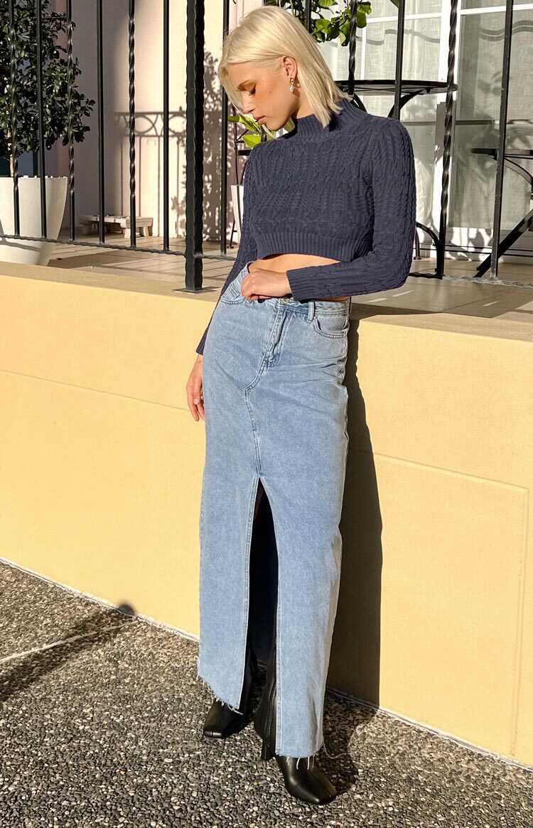 Blinding Lights Blue Denim Front Split Maxi Skirt-Vavasi.All Rights Reserved.