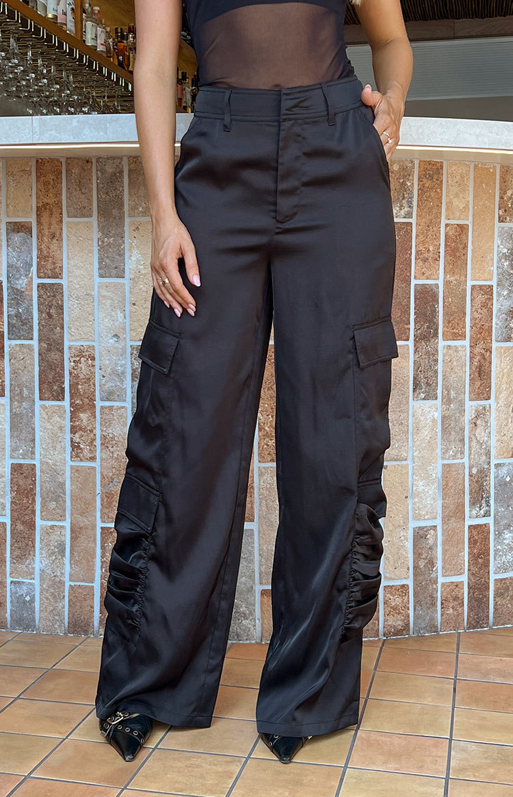 Satin Sapphire Black Cargo Pants-Vavasi.All Rights Reserved.