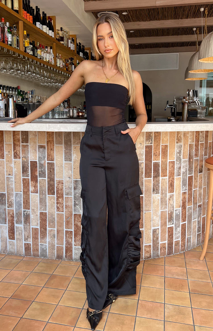 Satin Sapphire Black Cargo Pants-Vavasi.All Rights Reserved.