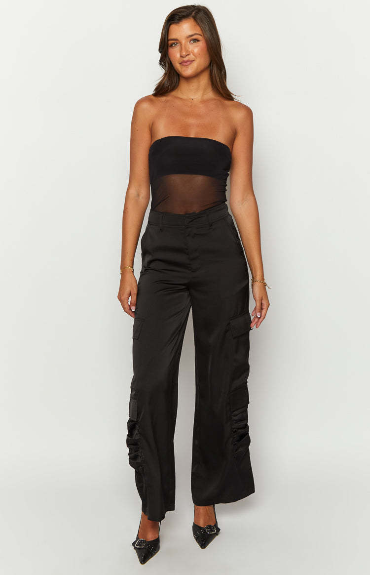 Satin Sapphire Black Cargo Pants-Vavasi.All Rights Reserved.