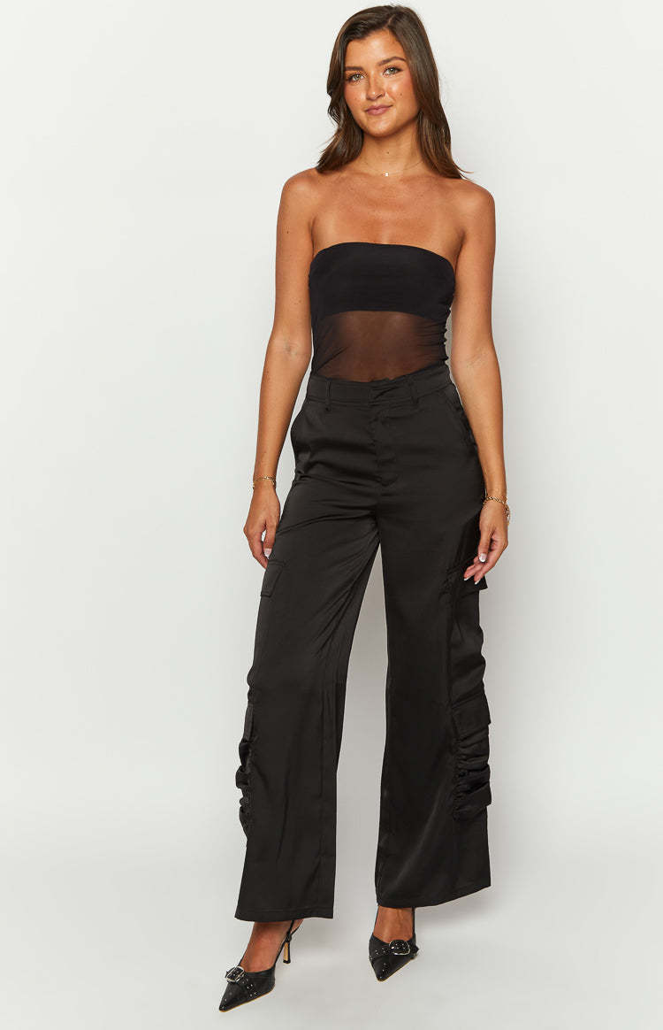 Satin Sapphire Black Cargo Pants-Vavasi.All Rights Reserved.